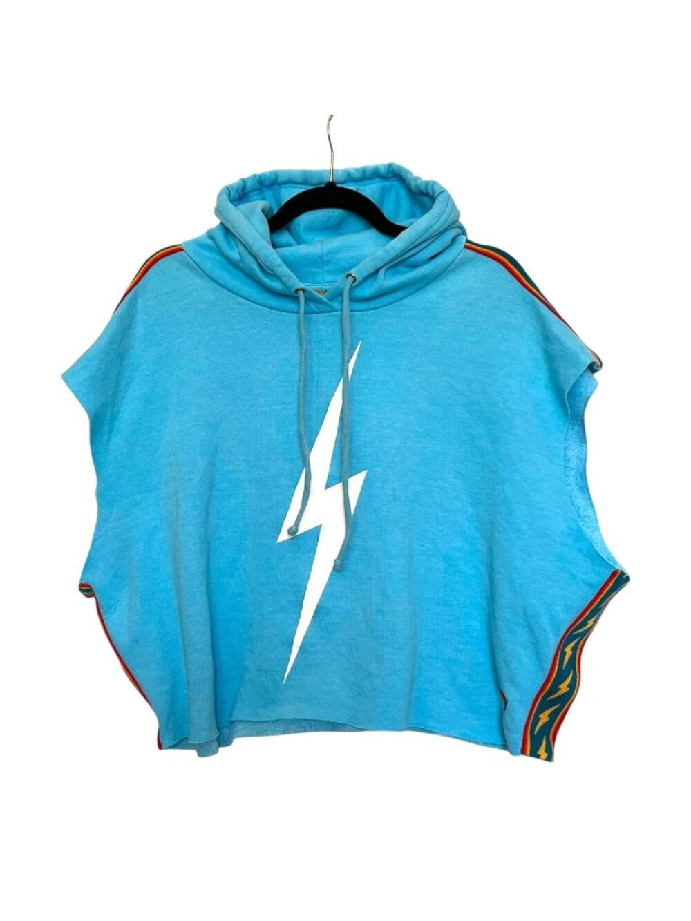Aviator Nation Relaxed Crop Pullover Hoodie Bolt Stripe Sky Blue XL
